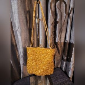 Brilliant gold hand beaded satin liner formal kiss lock double single strap purs